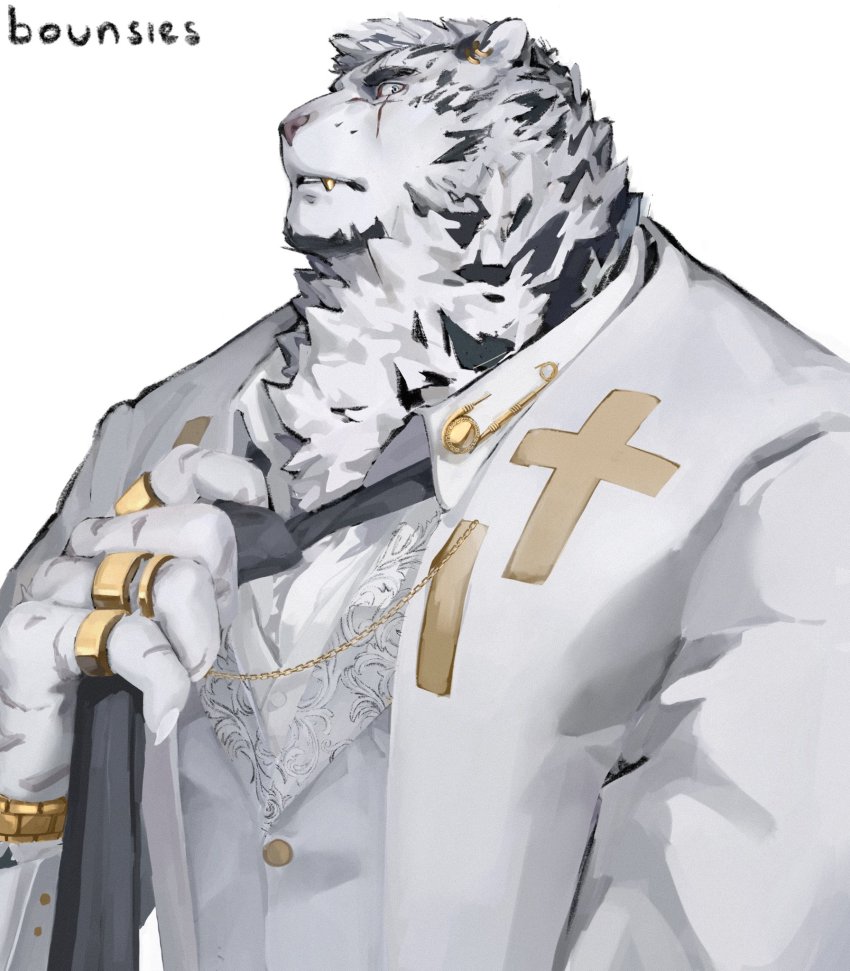 1boy, alternate_costume, animal_ears, arknights, bara, bounsies, chest_tuft, cross