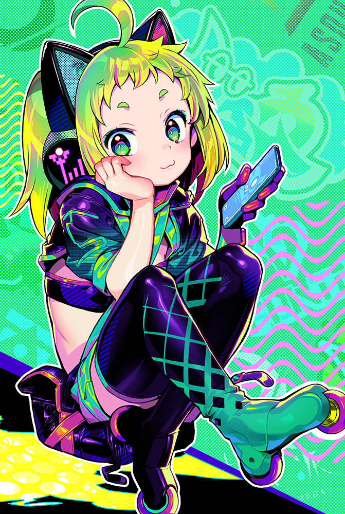 1girl, :3, ahoge, animal_ear_headphones, animal_ears, antenna_(dohna_dohna), cat_ear_headphones, cat_ears