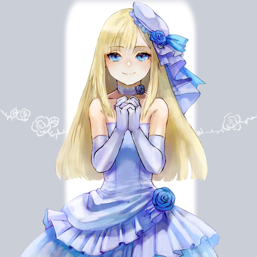1girl, asymmetrical_bangs, bare_shoulders, blonde_hair, blue_choker, blue_dress, blue_eyes, blue_flower