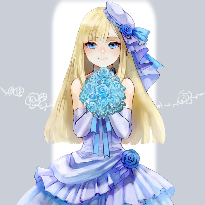 1girl, asymmetrical_bangs, bare_shoulders, blonde_hair, blue_dress, blue_eyes, blue_flower, blue_hat