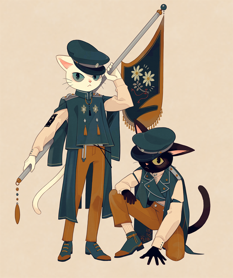 2others, :<, arm_up, banner, beige_background, black_cat, blue_eyes, cat