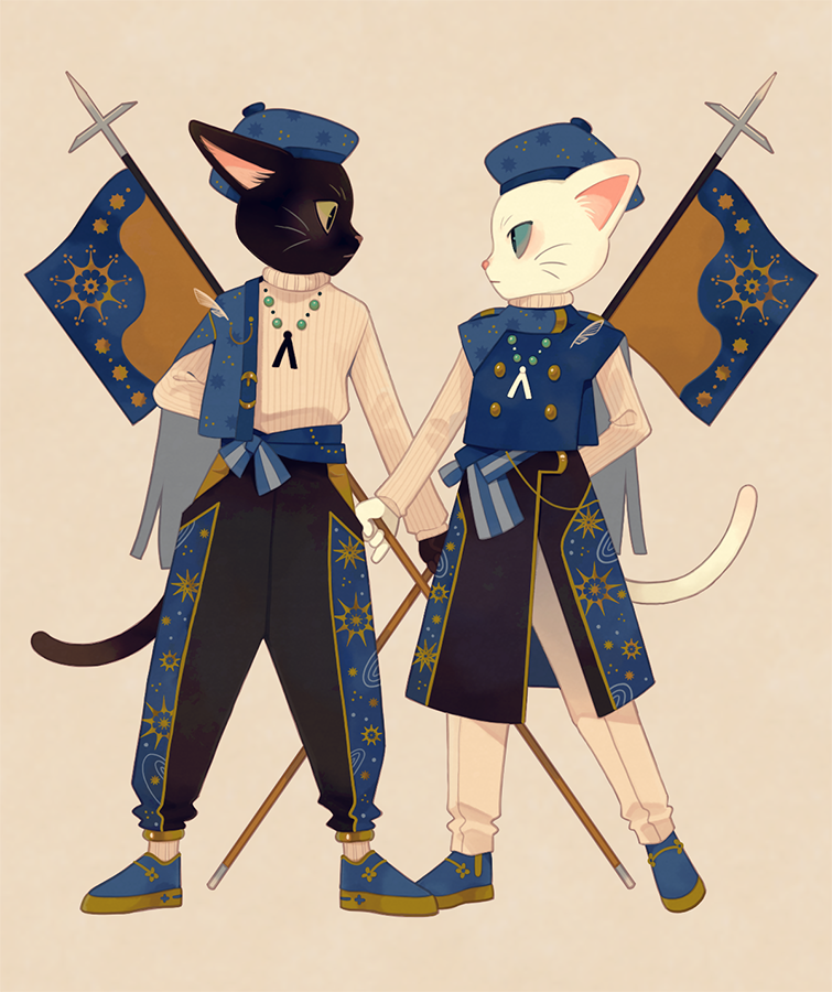 2others, banner, beige_background, beige_sweater, black_cat, black_pants, blue_eyes, blue_footwear, blue_headwear, blue_pants, cat, closed_mouth, clothing_request, commentary_request, eye_contact, full_body, furry, green_eyes, hat, headwear_request, holding, ikkaf_sk, legs_apart, long_sleeves, looking_at_another, multiple_others, original, pants, profile, simple_background, slit_pupils, standing, tareme, tsurime, white_cat, white_pants