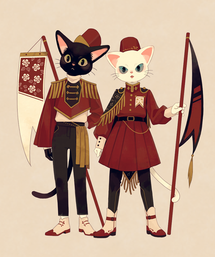 2others, :<, arm_at_side, arm_behind_back, banner, beige_background, belt, black_belt, black_cat, black_pants, blue_eyes, cat, closed_mouth, clothing_request, commentary_request, epaulettes, fez_hat, floral_print, full_body, furry, green_eyes, hat, headwear_request, holding, ikkaf_sk, legs_apart, long_sleeves, looking_at_viewer, multiple_others, original, pants, puffy_long_sleeves, puffy_sleeves, red_footwear, red_headwear, rose_print, shirt, shirt_tucked_in, simple_background, slit_pupils, standing, straight-on, tareme, tongue, tongue_out, tsurime, white_cat, white_footwear, white_shirt