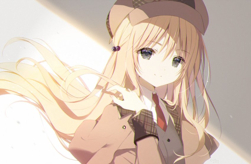 1girl, blonde_hair, brown_capelet, brown_hat, brown_jacket, capelet, character_request, closed_mouth