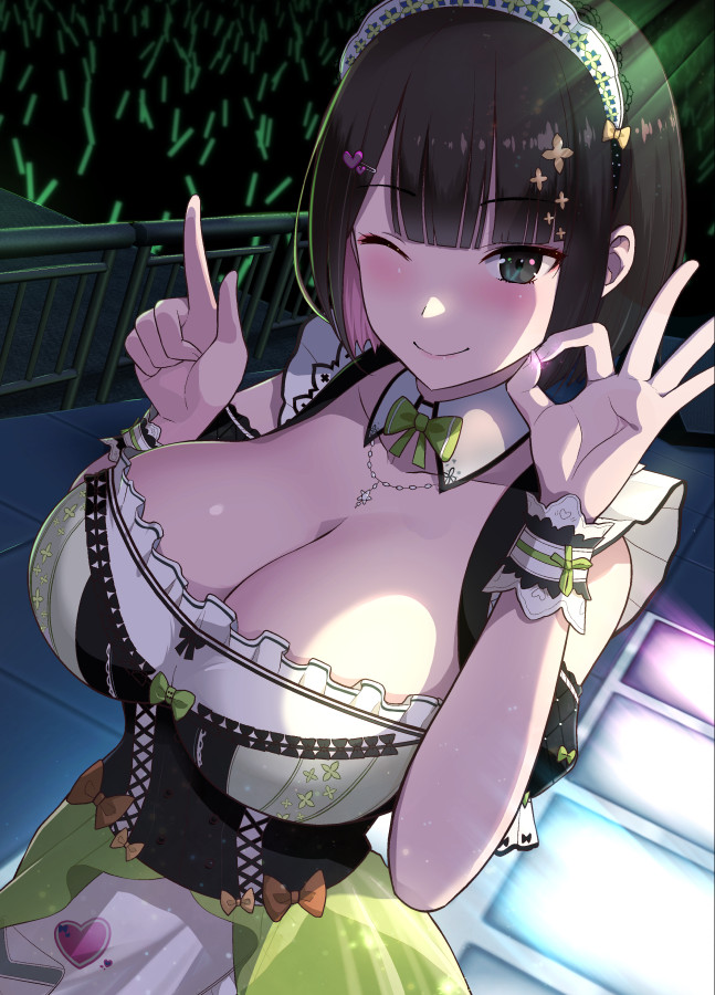 1girl, blush, bow, bowtie, breasts, brown_eyes, brown_hair, cleavage, closed_mouth, corset, detached_collar, diisuke, green_bow, green_bowtie, hair_ornament, hairclip, headdress, heart, heart_hair_ornament, idol, index_finger_raised, large_breasts, looking_at_viewer, mini_bowtie, nijisanji, ok_sign, one_eye_closed, seto_miyako, smile, solo, stage, virtual_youtuber, wing_collar