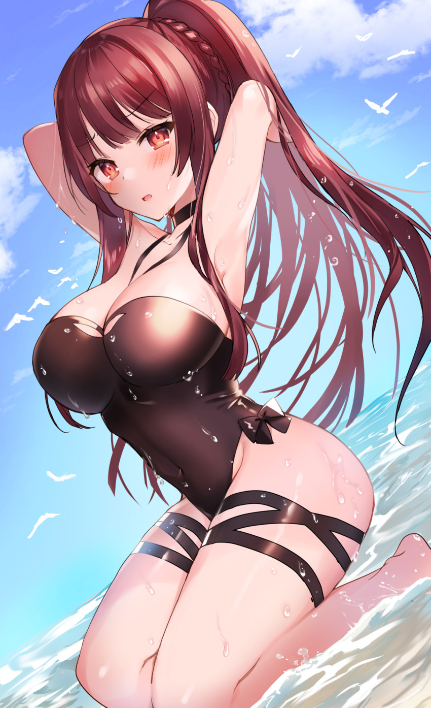 1girl, armpits, arms_behind_head, arms_up, bare_arms, bare_shoulders, beach, black_choker