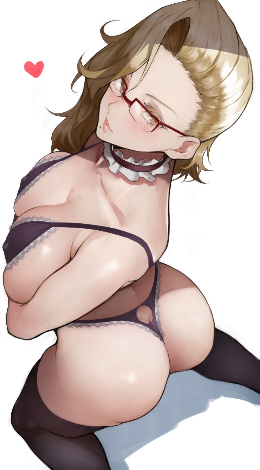 1girl, absurdres, ass, ass_cutout, back, ballroom_e_youkoso, bare_shoulders, black_bra, black_panties, black_thighhighs, blonde_hair, blush, bra, breasts, butt_crack, cleavage, clothing_cutout, collarbone, covered_erect_nipples, forehead, glasses, heart, highres, hyoudou_marisa, kneeling, lace, lace-trimmed_bra, lace-trimmed_panties, lace_trim, large_breasts, long_hair, looking_at_viewer, mole, mole_under_mouth, panties, thighhighs, underwear, yellow_eyes, yoshio_(55level)