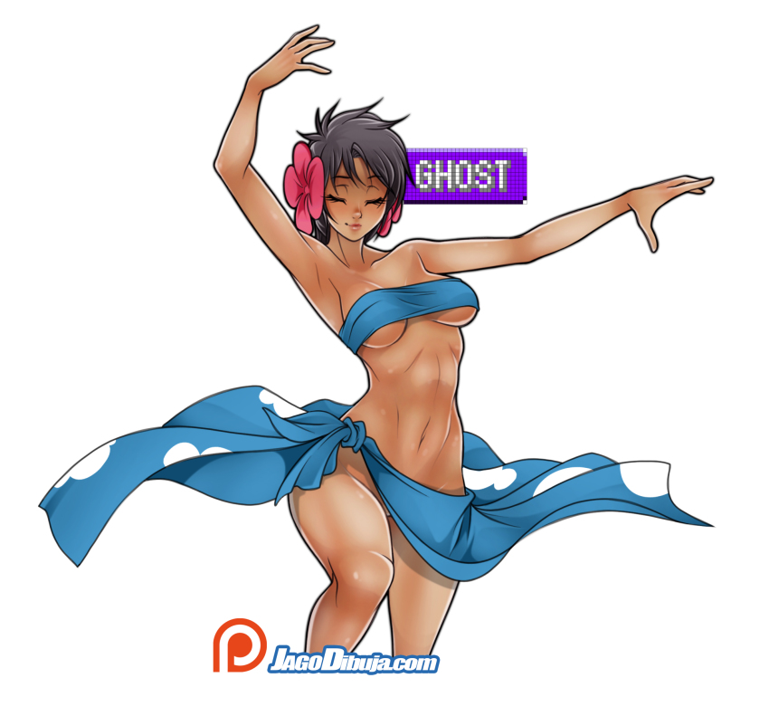 1girl, armpits, arms_up, bandeau, black_hair, breasts, closed_eyes, dark-skinned_female, dark_skin, flower, hair_flower, hair_ornament, highres, jago_dibuja, large_breasts, nintendo, no_panties, patreon_logo, phoebe_(pokemon), pink_flower, pokemon, pokemon_ruby/sapphire/emerald, shadow, short_hair, simple_background, solo, strapless, tube_top, underboob, watermark, web_address, white_background