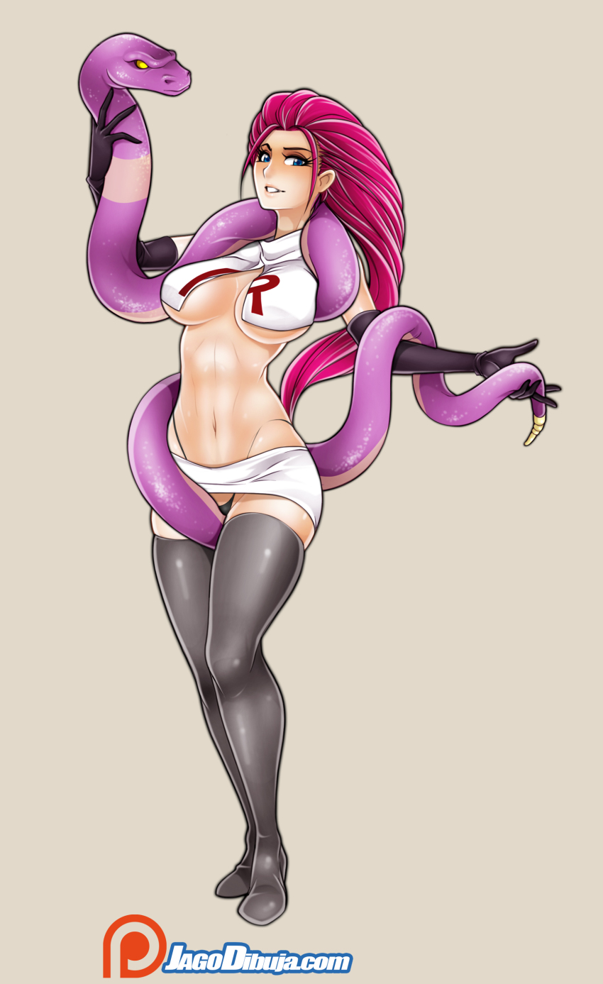 1girl, absurdres, black_gloves, blue_eyes, boots, breasts, brown_background, ekans