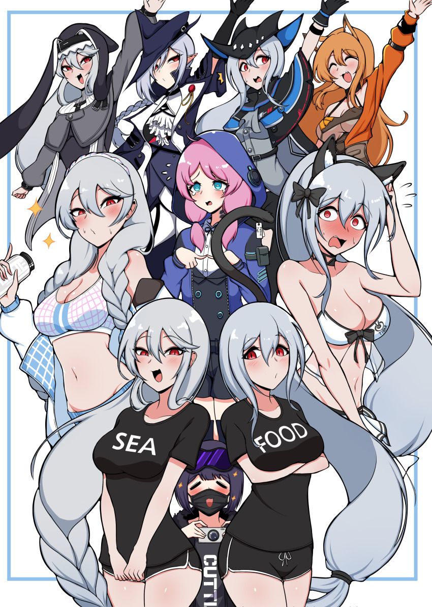 6+girls, ^^^, absurdres, andreana_(arknights), animal_ears, arknights, ascot, bare_shoulders, black_capelet, black_coat, black_collar, black_dress, black_gloves, black_headwear, black_shirt, black_shorts, blue_eyes, blue_jacket, blue_poison_(arknights), blue_poison_(arknights)_(cosplay), blue_poison_(shoal_beat)_(arknights), blush, bottle, bow, bra, braid, breasts, brown_hair, camera, camisole, capelet, cat_ears, cat_tail, ceobe_(arknights), ceobe_(summer_flowers)_(arknights), cleavage, closed_eyes, clothes_writing, coat, collar, commentary_request, cosplay, crop_top, dog_ears, dress, earrings, embarrassed, fake_animal_ears, fake_tail, gladiia_(arknights), gloves, grey_ascot, grey_capelet, grey_dress, habit, hair_between_eyes, hair_bow, hairband, hand_up, hands_up, hat, highres, holding, holding_bottle, holding_camera, hood, hooded_jacket, index_fingers_together, jacket, jewelry, korean_commentary, long_hair, long_sleeves, looking_at_viewer, low-tied_long_hair, manggapaegtoli, mask, medium_breasts, midriff, mouth_mask, multiple_girls, multiple_persona, nun, nun_headdress, off_shoulder, official_alternate_costume, open_clothes, open_jacket, open_mouth, orange_jacket, pink_hair, purple_hair, red_eyes, ribbed_sweater, shirt, short_hair, short_shorts, shorts, silver_hair, single_braid, skadi_(arknights), small_breasts, smile, solo, spaghetti_strap, sparkle, specter_(arknights), sports_bra, surgical_mask, sweater, swimsuit, tail, twin_braids, underwear, water_bottle, white_ascot, white_bra, white_jacket, white_sweater