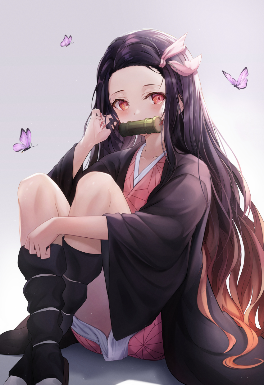 1girl, absurdres, bit_gag, black_hair, bug, butterfly, fingernails, gag