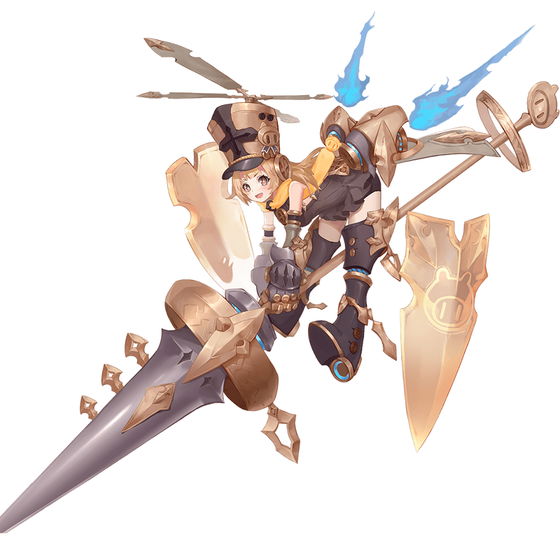 1girl, anita_(masterwork_apocalypse), black_boots, black_dress, blush, boots, brown_eyes, brown_hair, dress, full_body, gauntlets, huge_weapon, long_hair, masterwork_apocalypse, official_art, open_mouth, sleeveless, sleeveless_dress, smile, solo, thigh_boots, thighhighs, transparent_background, weapon