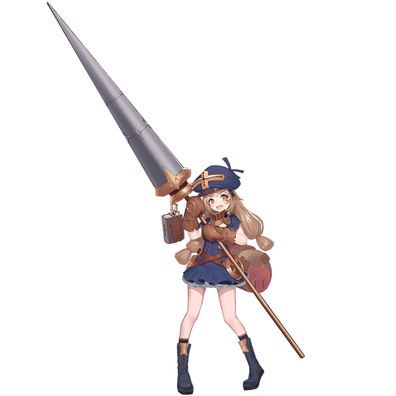 1girl, anita_(masterwork_apocalypse), blue_boots, blue_dress, blue_hat, book, boots, brown_eyes, brown_gloves, brown_hair, dress, full_body, gloves, hat, huge_weapon, long_hair, low_tied_hair, low_twintails, masterwork_apocalypse, official_art, open_mouth, short_dress, short_sleeves, smile, solo, transparent_background, twintails, weapon