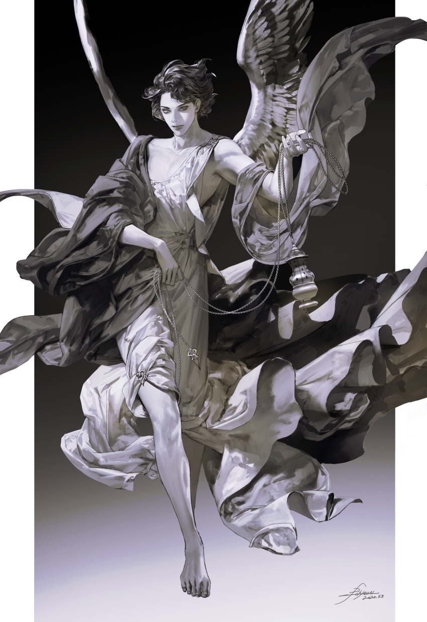 1boy, absurdres, ancient_greek_clothes, angel, angel_wings, barefoot, black_background, border