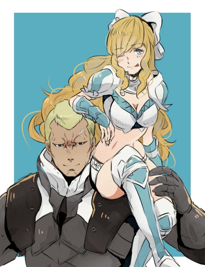 1boy, 1girl, armor, benny_(fire_emblem), blue_eyes, breasts, charlotte_(fire_emblem), fire_emblem