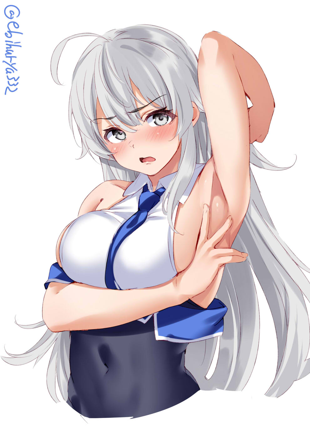 1girl, ahoge, arm_under_breasts, arm_up, armpit_crease, armpits, bare_shoulders, blue_necktie