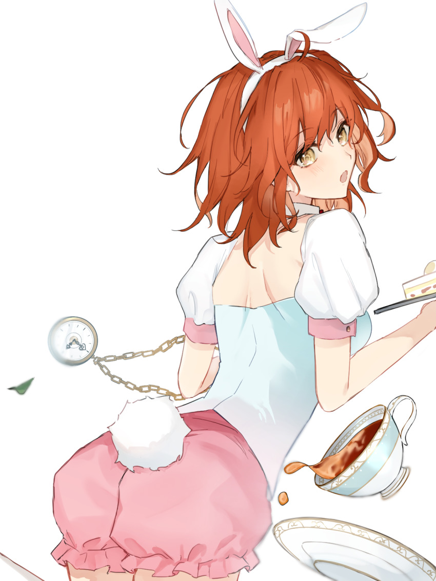 1girl, ahoge, animal_ears, ass, back, blush, breasts, cake