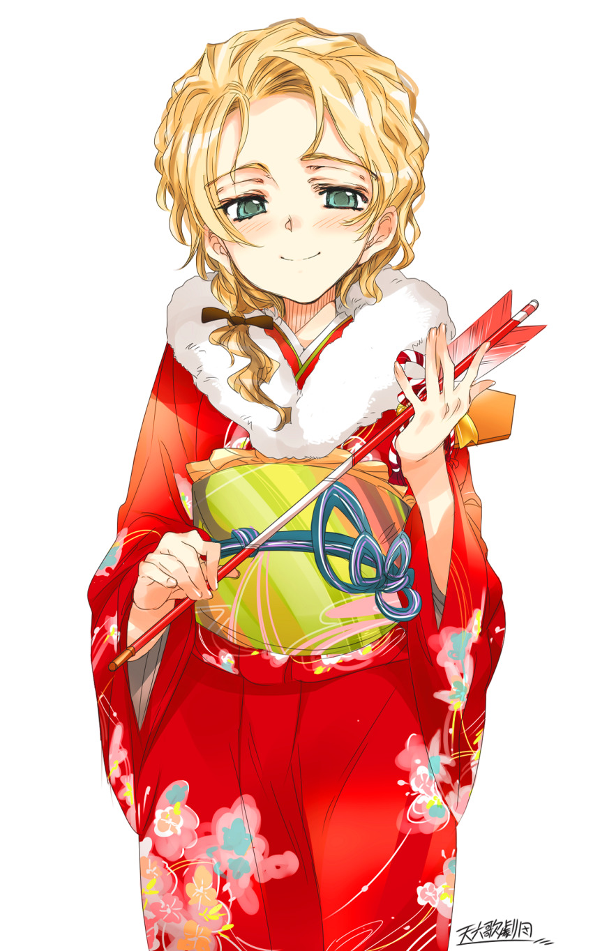 1girl, aqua_eyes, arrow_(projectile), blonde_hair, blush, facing_viewer, floral_print, hair_ornament