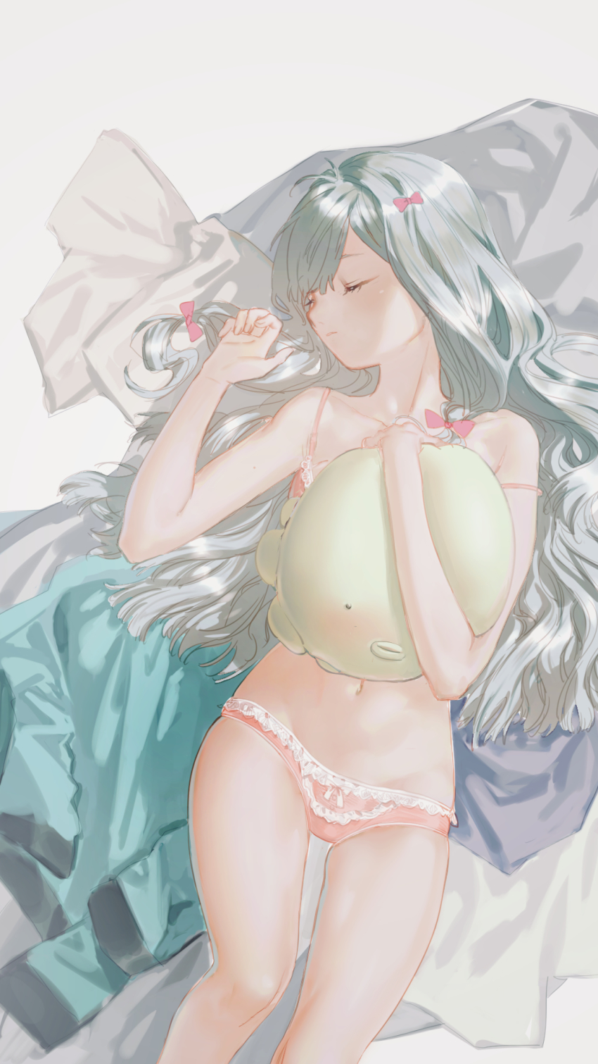 1girl, antenna_hair, armpit_crease, backlighting, bad_proportions, bare_arms, bare_shoulders, bed_sheet, blunt_ends, bow, bow_panties, closed_eyes, collarbone, curled_fingers, eromanga_sensei, eyelashes, feet_out_of_frame, frilled_panties, frills, grey_background, groin, hair_between_eyes, hair_bow, hair_ribbon, hair_spread_out, hands_up, highres, indoors, izumi_sagiri, jacket, unworn_jacket, kkia, knee_up, lace, lace-trimmed_panties, lace_trim, lingerie, long_hair, lowleg, lowleg_panties, lying, mole, mole_on_arm, muted_color, navel, hugging_object, on_back, panties, parted_lips, pink_bow, pink_panties, ribbon, silver_hair, skindentation, sleeping, solo, stomach, strap_slip, stuffed_animal, stuffed_octopus, stuffed_toy, swept_bangs, thigh_gap, thighs, tress_ribbon, underwear, underwear_only, very_long_hair