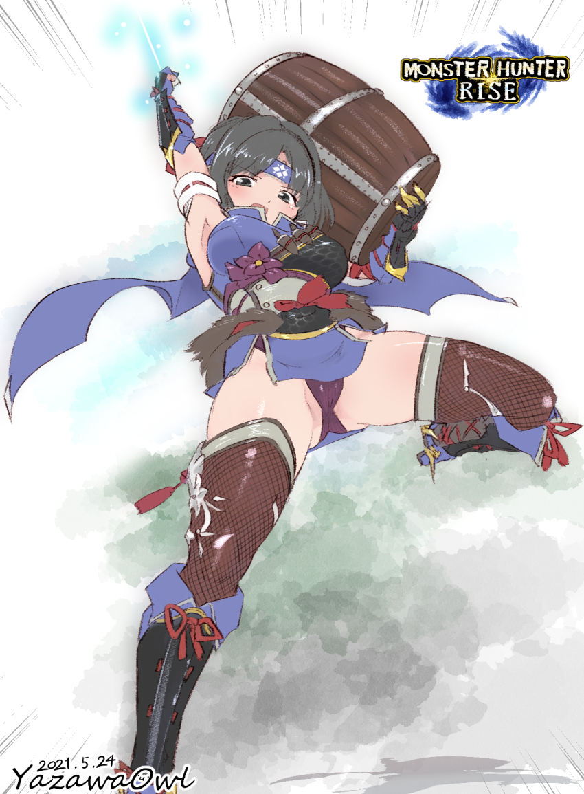 1girl, armor, barrel, black_hair, breasts, gloves, headband, highres, japanese_clothes, kamura_(armor), large_breasts, monster_hunter_(series), monster_hunter_rise, panties, pantyshot, pauldrons, short_hair, shoulder_armor, simple_background, thighhighs, underwear, yazawa_owl