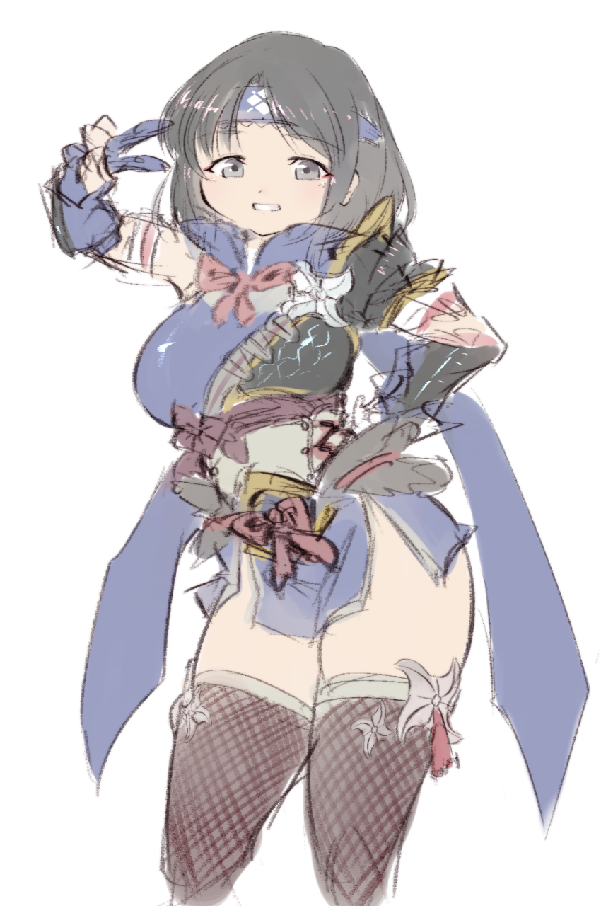 1girl, armor, black_hair, breasts, gloves, hand_on_own_hip, headband, highres, japanese_clothes, kamura_(armor), large_breasts, monster_hunter_(series), monster_hunter_rise, pauldrons, short_hair, shoulder_armor, simple_background, sketch, thighhighs, white_background, yazawa_owl