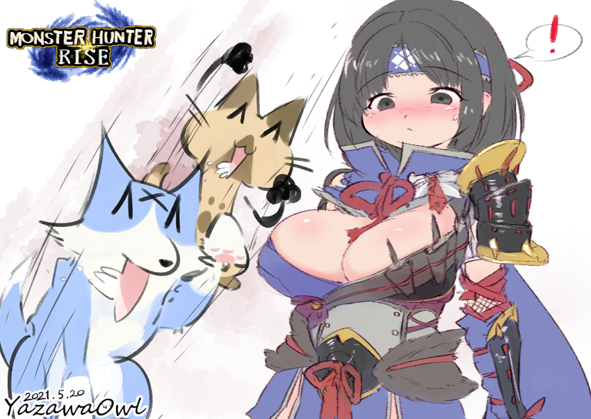 1girl, armor, black_hair, blush, breasts, canyne, cat, cleavage, cleavage_cutout, clothing_cutout, dog, gloves, headband, japanese_clothes, kamura_(armor), large_breasts, monster_hunter_(series), monster_hunter_rise, pauldrons, short_hair, shoulder_armor, simple_background, yazawa_owl