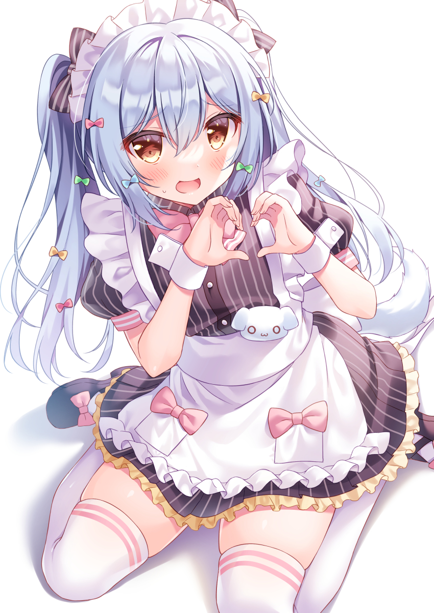 1boy, absurdres, alternate_costume, apron, blue_hair, blush, bow, crossdressing, crossdressing_(mtf), dog_tail, dress, enmaided, hair_bow, heart, heart_hands, highres, inuyama_tamaki, inuyama_tamaki_(2nd_costume), long_hair, maid, maid_headdress, male_focus, male_maid, noripro, shiono_(0303), side_ponytail, simple_background, sitting, skindentation, smile, solo, striped_clothes, striped_dress, sweatdrop, tail, thighhighs, trap, virtual_youtuber, wariza, white_background, wrist_cuffs, yellow_eyes
