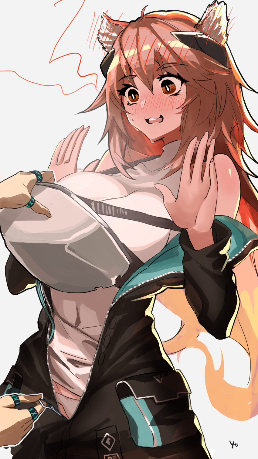 1girl, 1other, absurdres, animal_ears, arknights, armor, black_jacket, blush