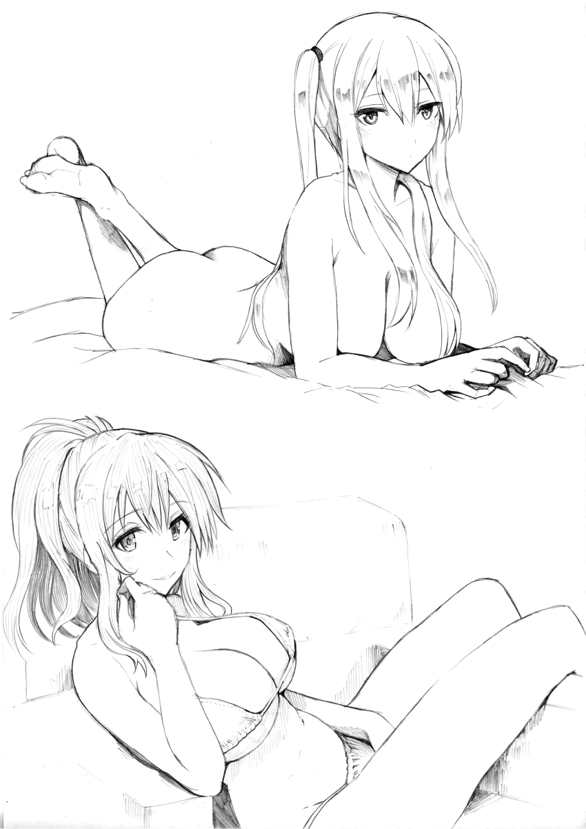 2girls, absurdres, ass, bed_sheet, bikini, breasts, chair, cleavage