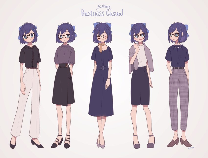 1girl, a-chan_(hololive), alternate_costume, arm_behind_back, belt, black-framed_eyewear, black_belt, black_footwear, black_shirt, black_skirt, blue_dress, blue_eyes, blue_hair, blue_ribbon, blue_shirt, blush, breasts, brown_belt, brown_footwear, character_name, closed_eyes, closed_mouth, collared_shirt, commentary, dress, english_text, expressionless, full_body, glasses, grey_background, grey_footwear, grey_jacket, grey_pants, hair_ornament, hair_ribbon, hairclip, hand_in_pocket, high_heels, highres, hololive, jacket, jacket_on_shoulders, jewelry, kingyo_(g-fish), looking_at_viewer, multiple_views, necklace, open_mouth, pants, pearl_necklace, plaid_clothes, plaid_pants, ribbon, scarf, shirt, shirt_tucked_in, shoes, short_hair, short_sleeves, simple_background, skirt, small_breasts, smile, standing, twitter_username, virtual_youtuber, white_pants, white_shirt, wristband, yellow_scarf