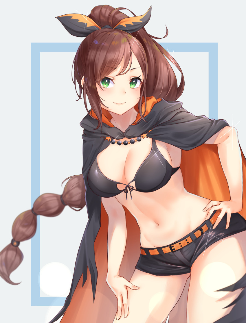 1girl, absurdres, belt, bikini, bikini_top_only, black_bikini, black_cloak, black_ribbon, blue_background, blue_border, blush, border, braid, braided_ponytail, breasts, brown_hair, cleavage, cloak, closed_mouth, commentary_request, commission, cowboy_shot, front-tie_bikini_top, front-tie_top, green_eyes, groin, hair_ribbon, hand_on_own_hip, hand_on_own_thigh, high_ponytail, highres, large_breasts, long_hair, looking_at_viewer, m.tokotsu, multi-tied_hair, navel, orange_belt, orange_cloak, pixiv_commission, ponytail, re:zero_kara_hajimeru_isekai_seikatsu, ribbon, shaula_(re:zero), short_shorts, shorts, sidelocks, smile, solo, standing, stomach, swimsuit, two-tone_cloak