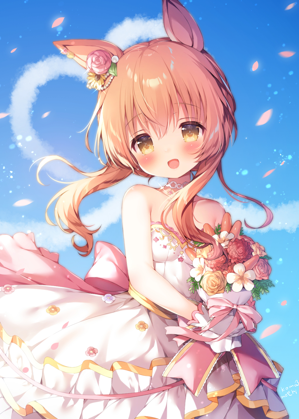 1girl, :d, animal_ears, bare_shoulders, blush, bouquet, breasts, brown_hair