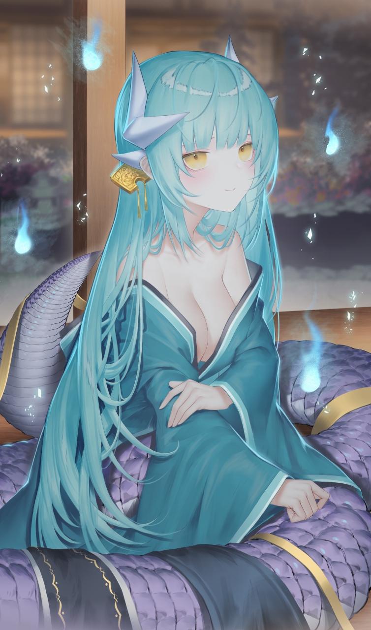 1girl, aqua_hair, aqua_kimono, breasts, dmith, dragon_girl, dragon_horns, fate/grand_order