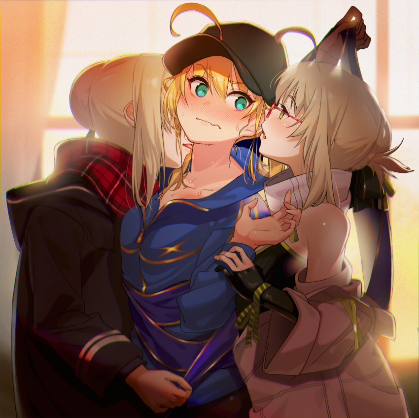 3girls, absurdres, ahoge, artoria_pendragon_(fate), bare_shoulders, baseball_cap, black_headwear, black_shirt, blonde_hair, blue_jacket, blue_scarf, blush, braid, breasts, closed_mouth, fate/grand_order, fate_(series), french_braid, glasses, green_eyes, hair_between_eyes, hair_bun, hat, highres, hood, hooded_jacket, huge_filesize, jacket, long_hair, long_sleeves, looking_at_another, looking_to_the_side, medium_breasts, multiple_girls, mysterious_heroine_x_(fate), mysterious_heroine_x_alter_(fate), mysterious_heroine_x_alter_(first_ascension)_(fate), mysterious_idol_x_alter_(fate), off_shoulder, plaid_clothes, plaid_scarf, ponytail, purple_jacket, red_scarf, rojiura_satsuki:_chapter_heroine_sanctuary, scarf, shirt, sidelocks, single_hair_bun, small_breasts, suppa_(hagakuresuppa), wavy_mouth, white_jacket, yellow_eyes, yuri