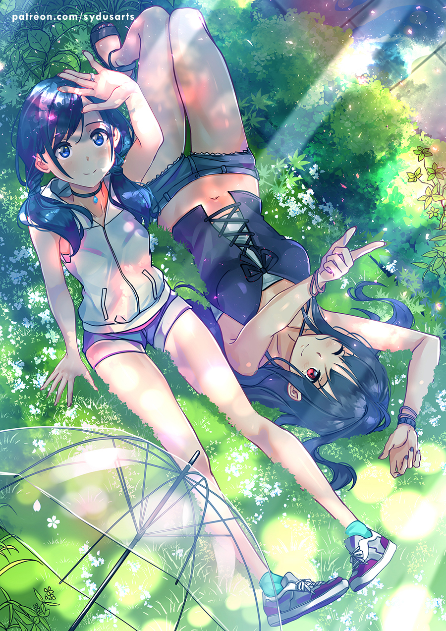 2girls, ;), amano_hina_(tenki_no_ko), arm_up, bad_id, bad_pixiv_id, black_choker, black_hair