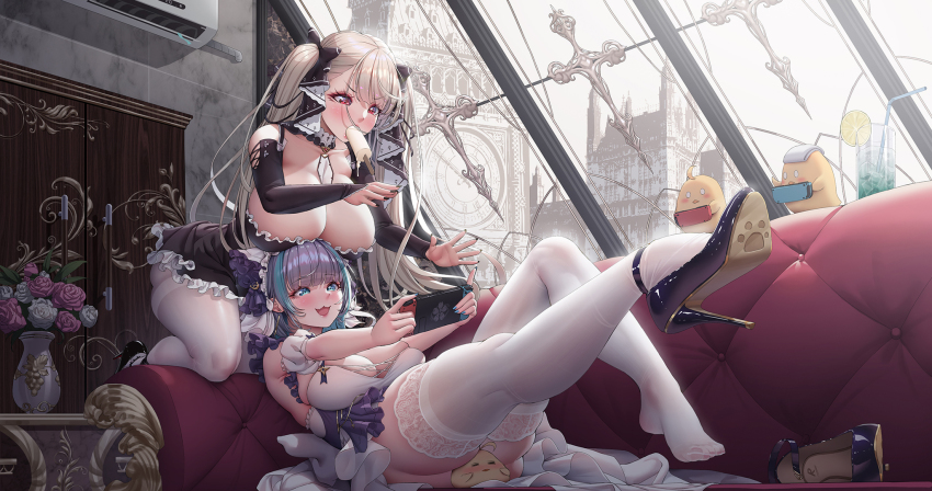 2girls, :3, air_conditioner, aqua_eyes, aqua_hair, ass, azur_lane, bare_shoulders, between_breasts, between_thighs, black_dress, black_footwear, black_nails, blue_eyes, blush, breast_rest, breasts, breasts_on_head, cheshire_(azur_lane), couch, curvy, detached_sleeves, door, dress, food, formidable_(azur_lane), frilled_dress, frills, grey_hair, hair_between_eyes, handheld_game_console, high_heels, highres, holding, holding_handheld_game_console, huge_breasts, kneeling, large_breasts, legs, legs_up, long_hair, maid_headdress, manjuu_(azur_lane), mouth_hold, multicolored_hair, multiple_girls, nail_polish, nintendo_switch, nose_blush, open_mouth, patent_heels, paw_print_shoes, playing_games, playing_video_games, popsicle, pumps, red_eyes, rhasta, shoes, short_dress, short_hair, skindentation, smile, stiletto_heels, streaked_hair, thick_thighs, thighs, twintails, two-tone_dress, unworn_shoes, very_long_hair, westminster_palace, white_hair, window
