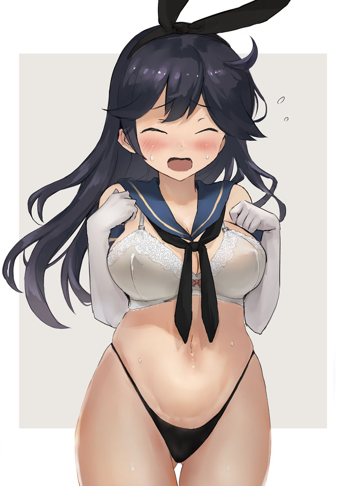 1girl, ahoge, black_hair, black_hairband, black_neckerchief, black_panties, blue_sailor_collar, bra