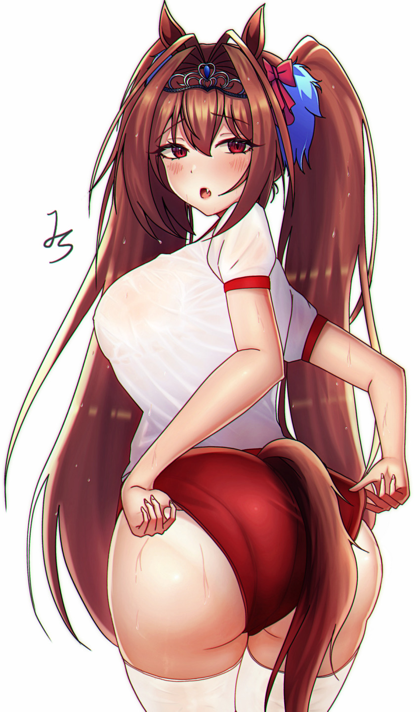 1girl, animal_ears, ass, blush, bow, breasts, brown_hair, buruma
