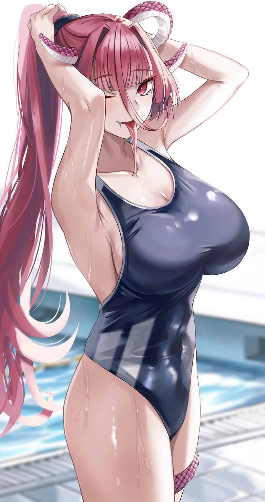 1girl, armpits, arms_up, blue_one-piece_swimsuit, blush, breasts, campanula, cleavage, collarbone, cowboy_shot, fang, highres, horns, kakou_shinku, large_breasts, long_hair, long_tongue, looking_at_viewer, nicky_w, one-piece_swimsuit, one_eye_closed, pink_hair, ponytail, pool, red_eyes, solo, standing, swimsuit, tongue, tongue_out, virtual_youtuber