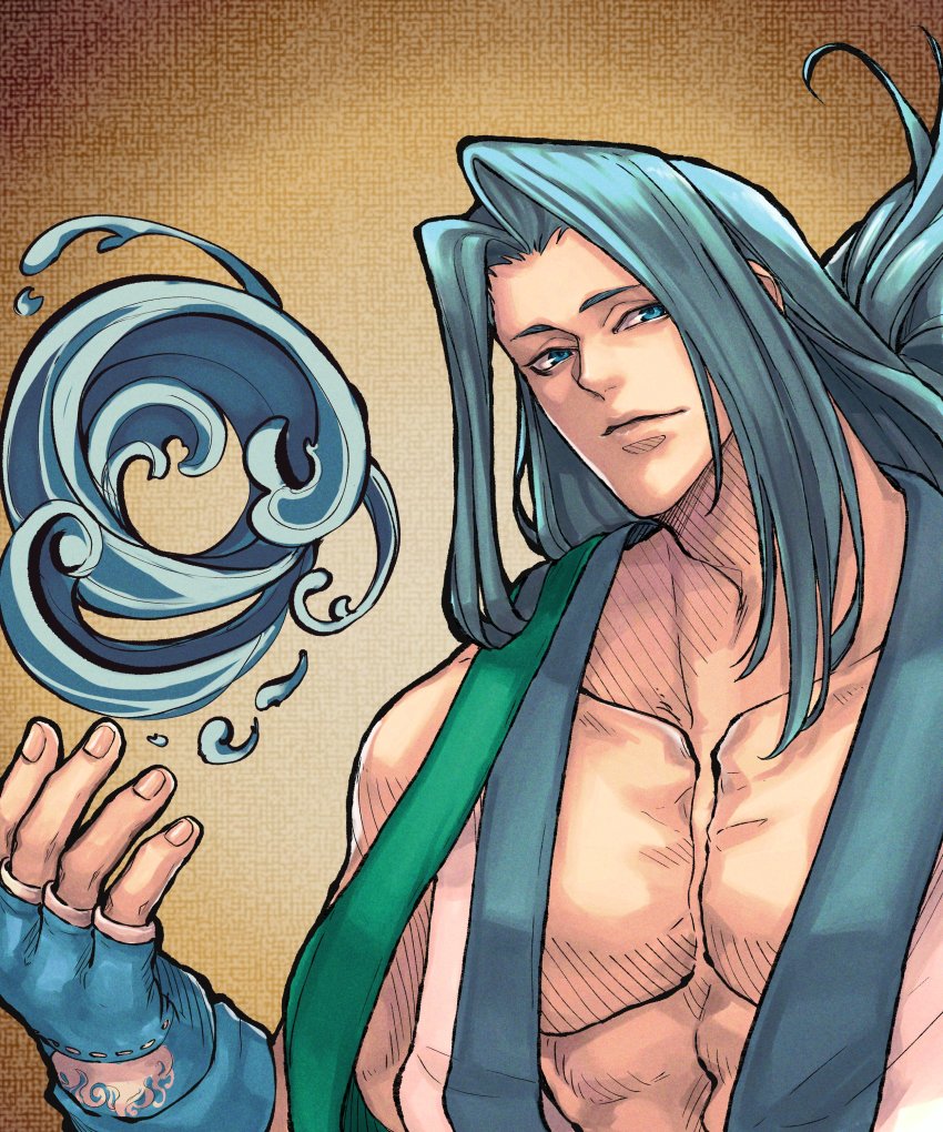 1boy, absurdres, blue_eyes, blue_gloves, blue_hair, brown_background, closed_mouth, commentary