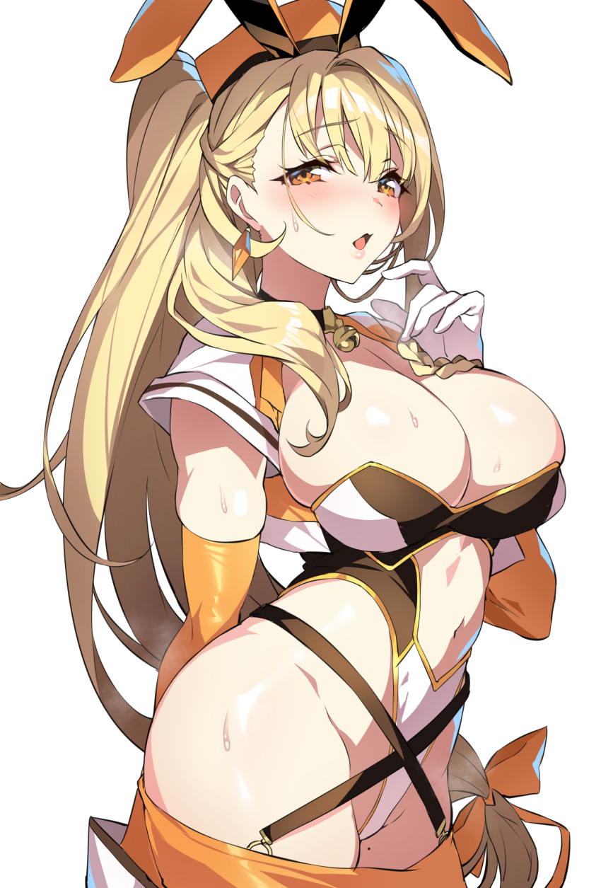 1girl, animal_ears, bell, blonde_hair, bow, breasts, brown_eyes, clothing_cutout, collar, commentary_request, cropped_jacket, earrings, fake_animal_ears, gloves, hair_bow, hand_up, hat, highleg, highleg_leotard, highres, jacket, jewelry, jingle_bell, kanade_haruka, large_breasts, leotard, lips, long_hair, looking_at_viewer, low-tied_long_hair, mahou_shoujo_madoka_magica, mahou_shoujo_madoka_magica_(anime), mahou_shoujo_suzune_magica, mole, mole_on_thigh, navel, navel_cutout, open_clothes, open_jacket, open_mouth, original, rabbit_ears, senri_gan, shiny_skin, short_sleeves, simple_background, solo, stomach, sweat, sweatdrop, thighs, white_background, white_gloves