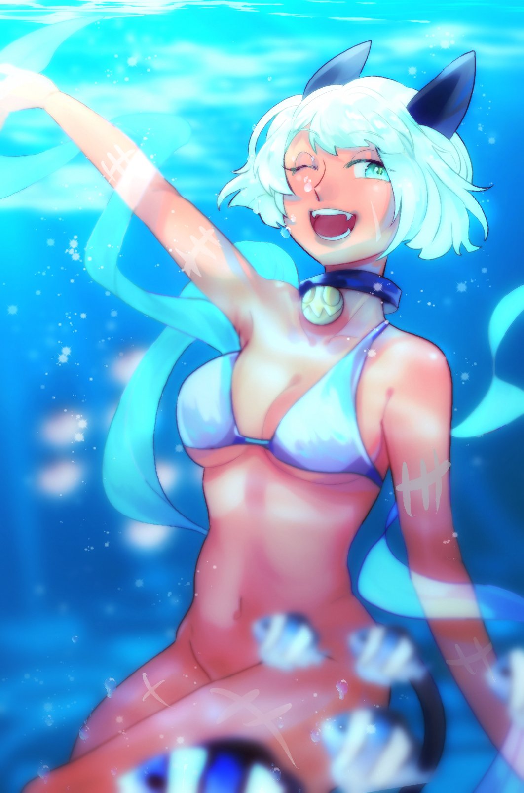 1girl, arm_up, blue_background, blue_eyes, bottomless, dark-skinned_female, dark_skin, fangs