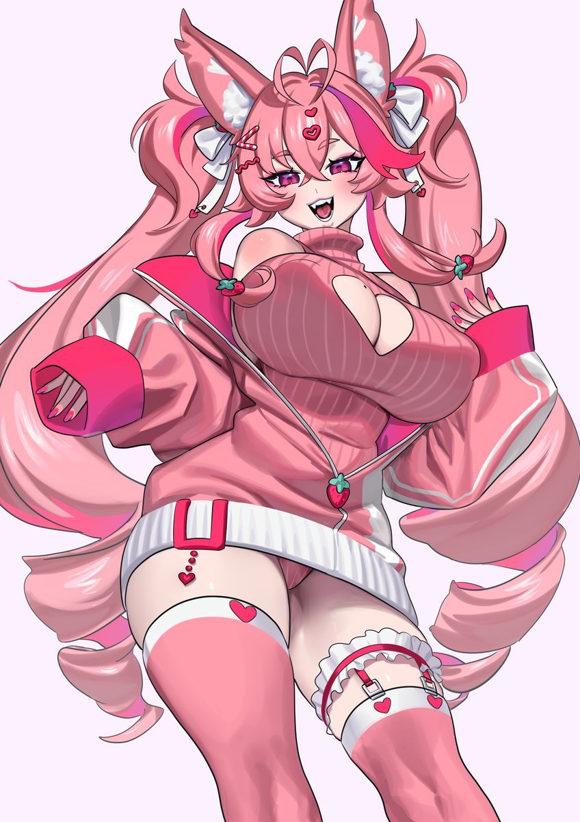 1girl, bad_id, bad_twitter_id, blush, breasts, clothing_cutout, commission, covered_erect_nipples, cowboy_shot, hair_between_eyes, hair_ornament, heart_cutout, highres, huge_breasts, indie_virtual_youtuber, kireina_(osiimi), long_hair, long_sleeves, nail_polish, nia_(nia4294), open_mouth, pink_hair, pink_nails, pink_sweater, pink_theme, pink_thighhighs, purple_eyes, simple_background, sleeves_past_wrists, smile, solo, sweater, thighhighs, twintails, very_long_hair, virtual_youtuber, white_background