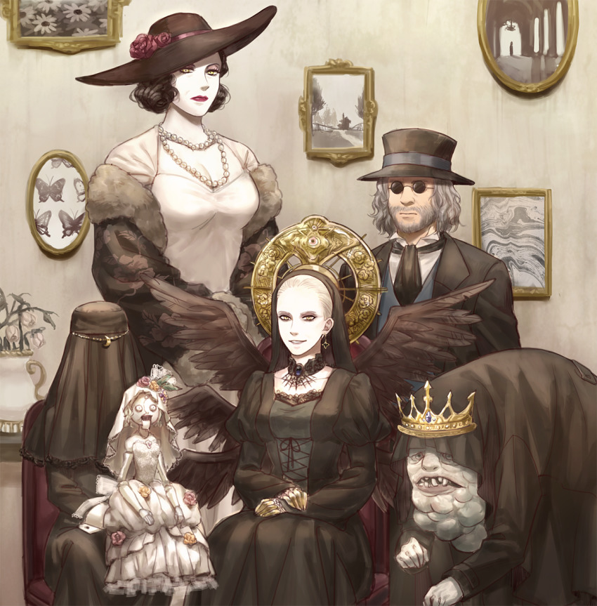 2boys, 3girls, alcina_dimitrescu, angie_(resident_evil), beard, black_headwear, black_neckwear, black_wings, chair, character_request, covered_face, crown, doll, donna_beneviento, dress, earrings, facial_hair, flower, grey_hair, hat, hat_flower, headpiece, headwear_request, highres, hunchback, hunched_over, jewelry, karl_heisenberg, lipstick, makeup, mother_miranda, multiple_boys, multiple_girls, nashigawa, necklace, painting_(object), pale_skin, pearl_necklace, resident_evil, resident_evil_village, rogues'_gallery, salvatore_moreau, sitting, teeth, white_dress, wings