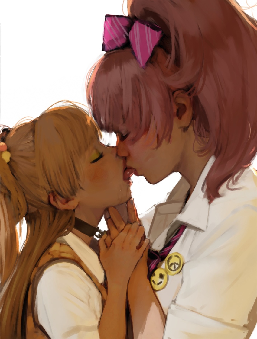 2girls, age_difference, blonde_hair, blush, closed_eyes, commentary, diathorn, drooling, english_commentary, eyeshadow, female_focus, french_kiss, hand_on_another's_chin, highres, holding_hands, idolmaster, idolmaster_cinderella_girls, incest, jougasaki_mika, jougasaki_rika, kiss, loli, makeup, multiple_girls, onee-loli, peace_symbol, pin, pink_hair, ponytail, realistic, siblings, sisters, smiley_face, tongue, tongue_out, tongue_suck, white_background, yellow_eyeshadow, yuri