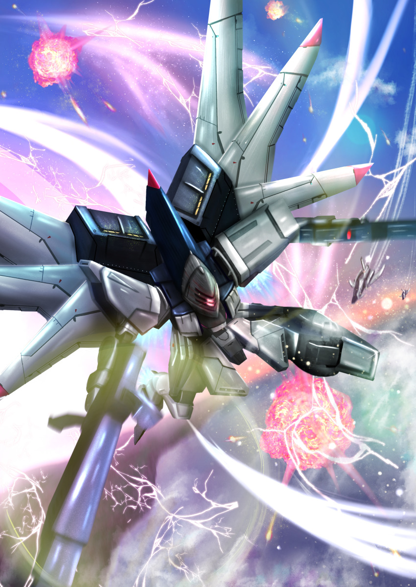 absurdres, dinn_(suikoden), electricity, explosion, flying, glowing, glowing_eye, gun