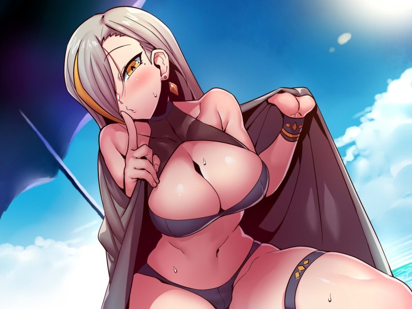 1girl, blonde_hair, breasts, cleavage, cloud, hair_over_one_eye, highres, indie_virtual_youtuber, large_breasts, long_hair, looking_at_viewer, mole, mole_under_eye, multicolored_hair, ocean, silver_hair, solo, streaked_hair, sun, swimsuit, tukiwani, umbrella, utai_meika, virtual_youtuber