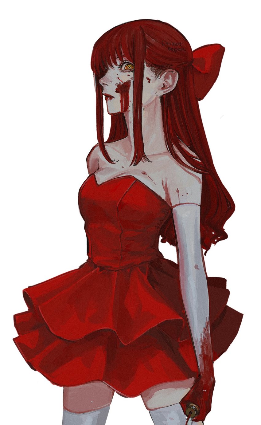 1girl, @_@, bare_shoulders, blood, blood_on_clothes, blood_on_face, breasts, chainsaw_man, cleavage, cosplay, dress, elbow_gloves, gloves, highres, ice_pick, kamo_(kamonegioisi), kirigoe_mima, kirigoe_mima_(cosplay), long_hair, looking_at_viewer, makima_(chainsaw_man), perfect_blue, red_dress, red_hair, ringed_eyes, simple_background, sleeveless, sleeveless_dress, solo, strapless, strapless_dress, white_background, white_gloves, yellow_eyes
