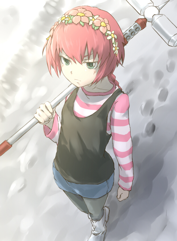 00s, 1girl, braid, crossover, darker_than_black, female_focus, flower, from_above