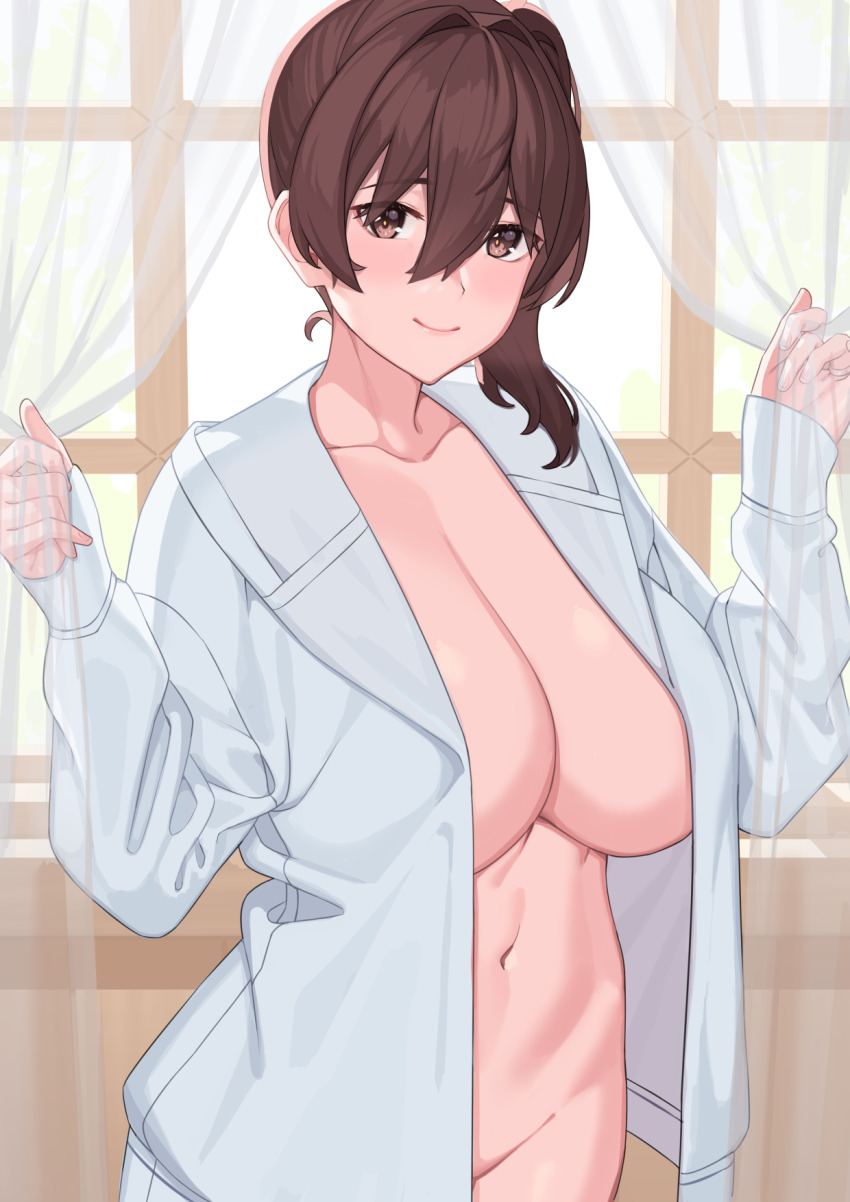 1girl, blouse, breasts, brown_eyes, brown_hair, cleavage, closed_mouth, commentary_request, curtains, franham, hair_between_eyes, highres, hood, hoodie, huge_breasts, kaga_(kancolle), kantai_collection, long_sleeves, navel, open_clothes, open_hoodie, open_shirt, shirt, side_ponytail, sleeves_past_wrists, smile, solo, white_hoodie, window